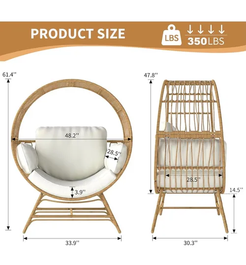 Product spec sheet for the nest chair — 61.4 inches tall, 48.2 inches wide, rattan construction with cream cushions