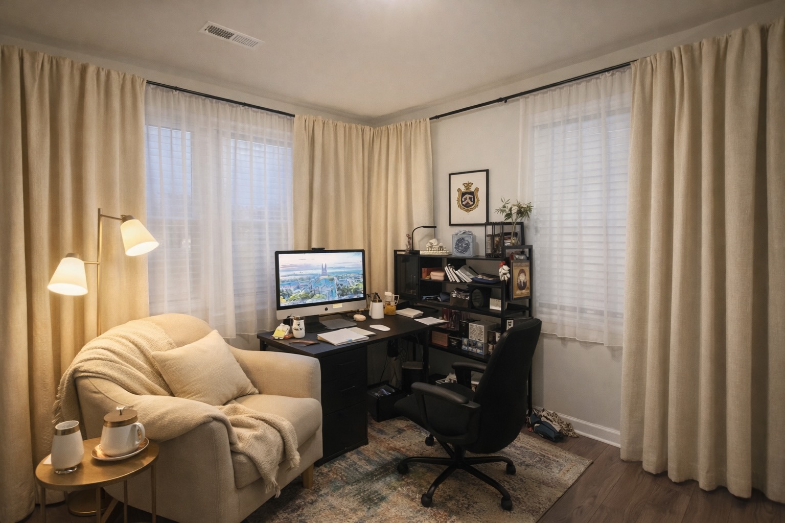 AI-generated mockup of the office with curtains spanning the full window wall, warm lamp, and a cozy chair in the corner