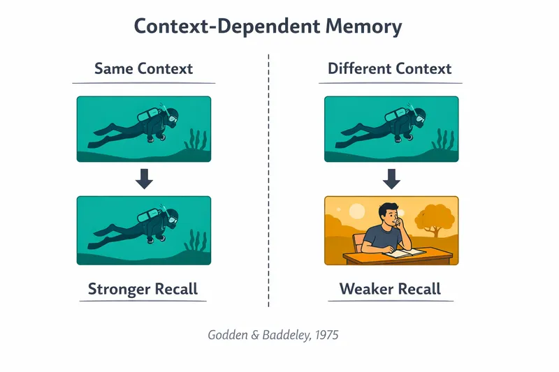 Infographic depicting scuba experiment for context-dependent learning published by Godden and Baddeley in 1975